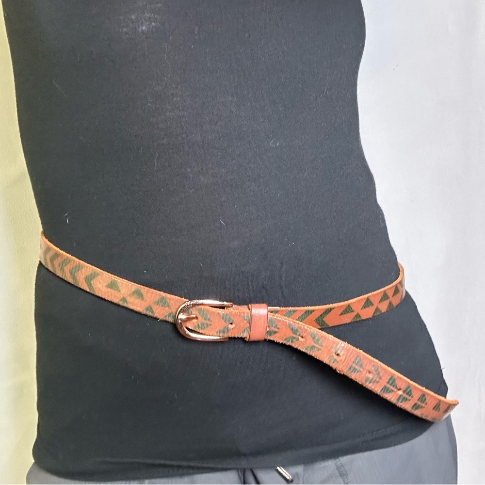 AEO Brown Leather Belt Green Geometric Triangle Print, Rose Gold Buckle Boho